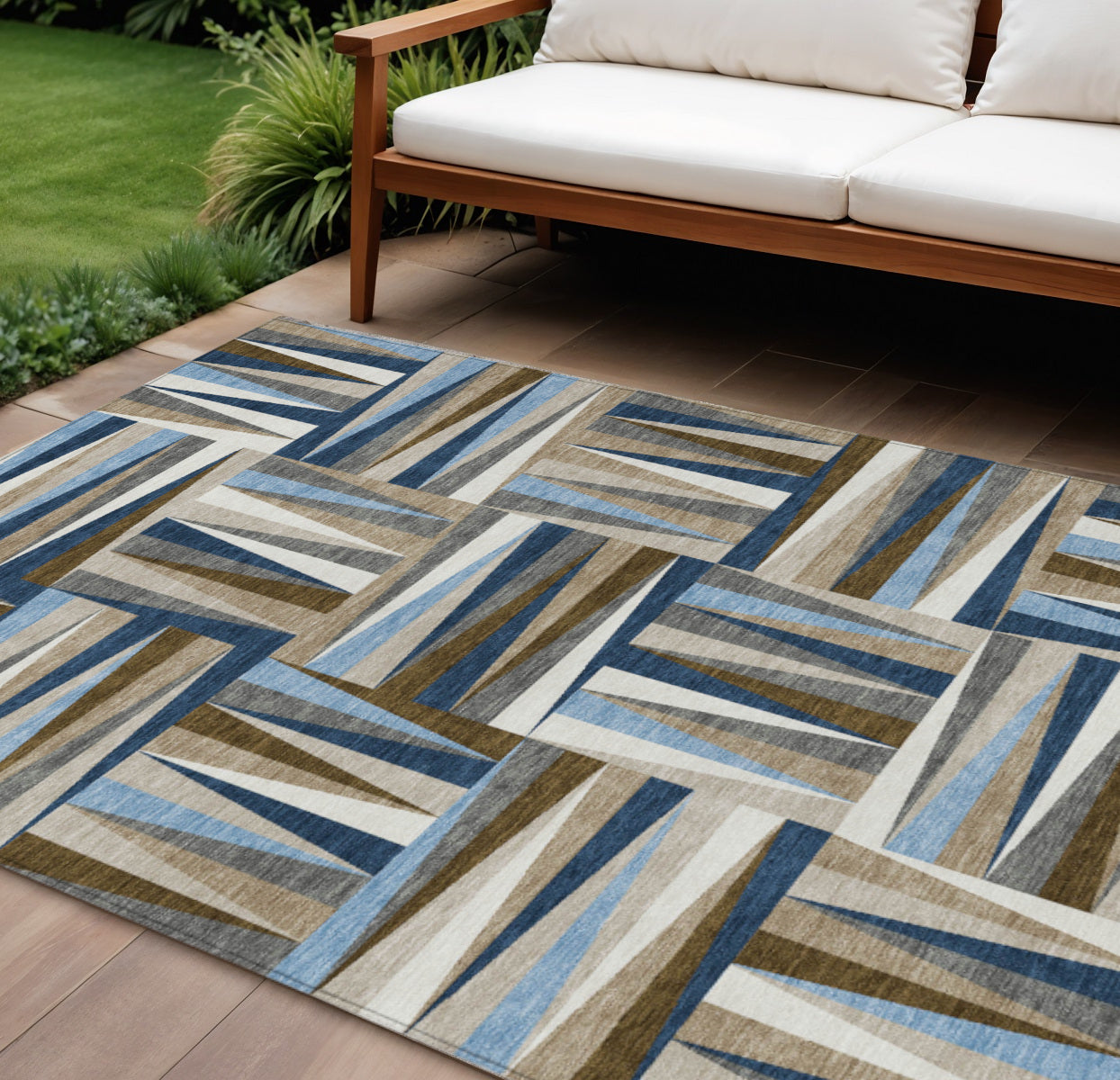 10 X 14 Navy Blue Brown And Beige Geometric Washable Indoor Outdoor Area Rug