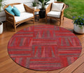 8 Red And Brown Round Geometric Washable Indoor Outdoor Area Rug
