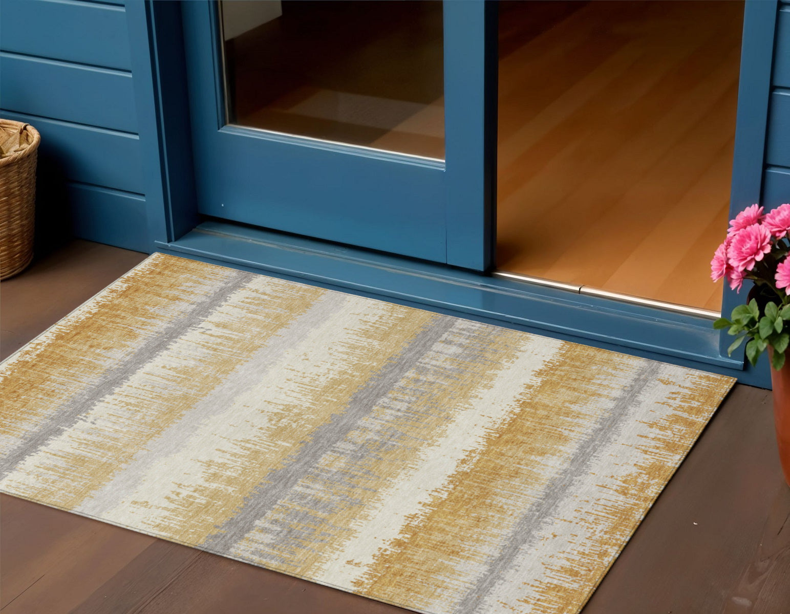 3 X 5 Gold Copper And Gray Striped Washable Indoor Outdoor Area Rug
