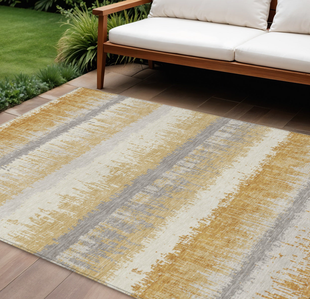 10 X 14 Gold Copper And Gray Striped Washable Indoor Outdoor Area Rug