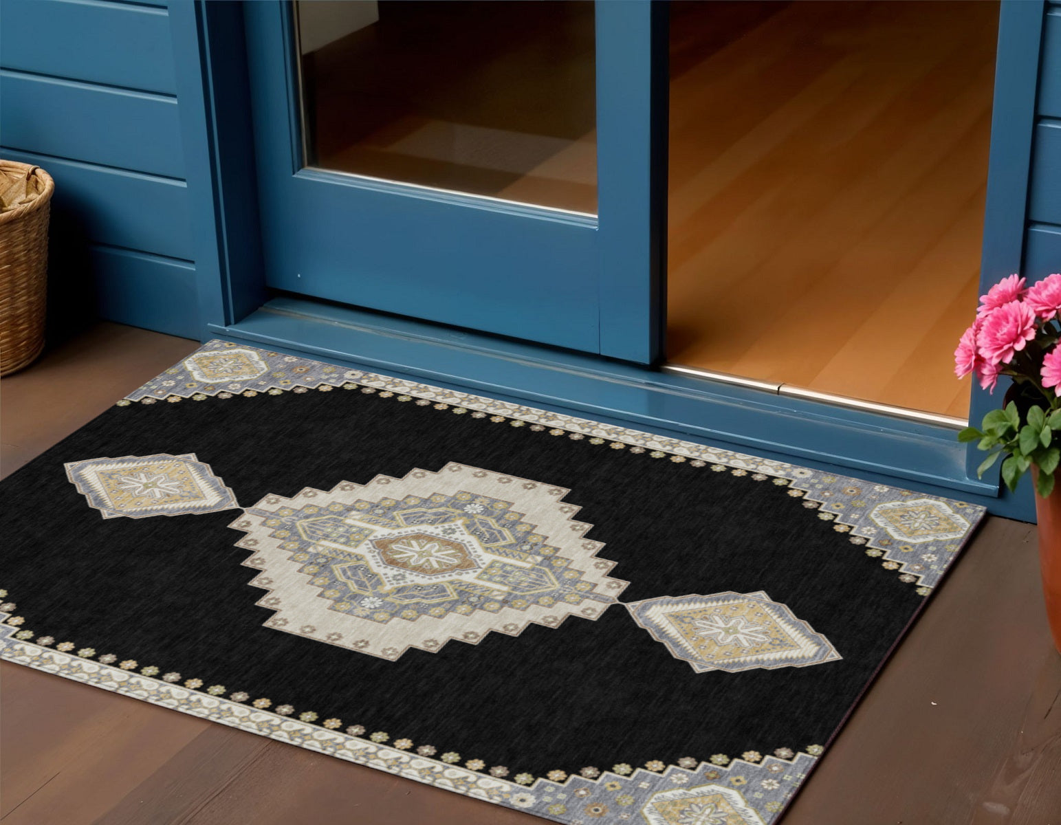 3 X 5 Black Gold And Gray Oriental Washable Indoor Outdoor Area Rug