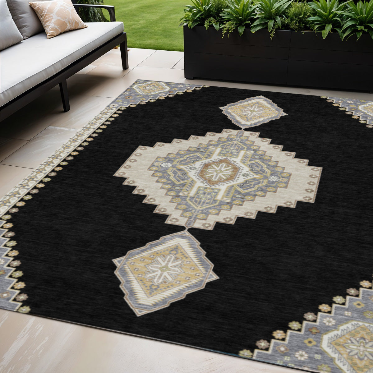 5 X 8 Black Gold And Gray Oriental Washable Indoor Outdoor Area Rug