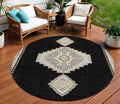 8 Black Gold And Gray Round Oriental Washable Indoor Outdoor Area Rug