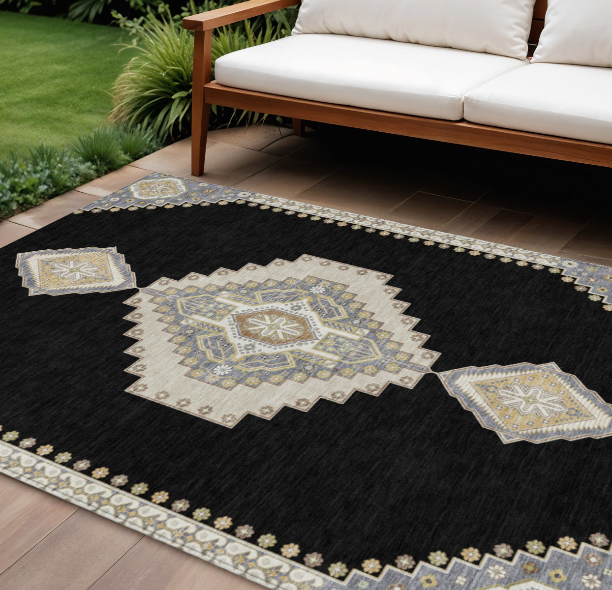 8 X 10 Black Gold And Gray Oriental Washable Indoor Outdoor Area Rug