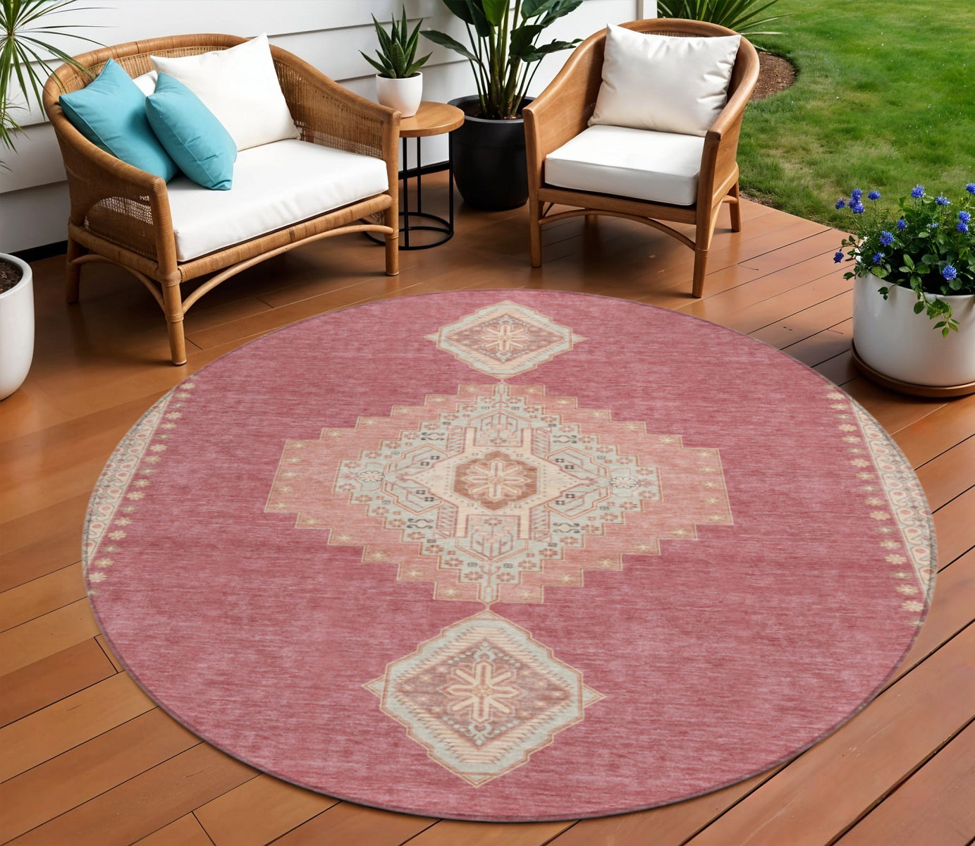 8 Blush Gray And Beige Round Oriental Washable Indoor Outdoor Area Rug