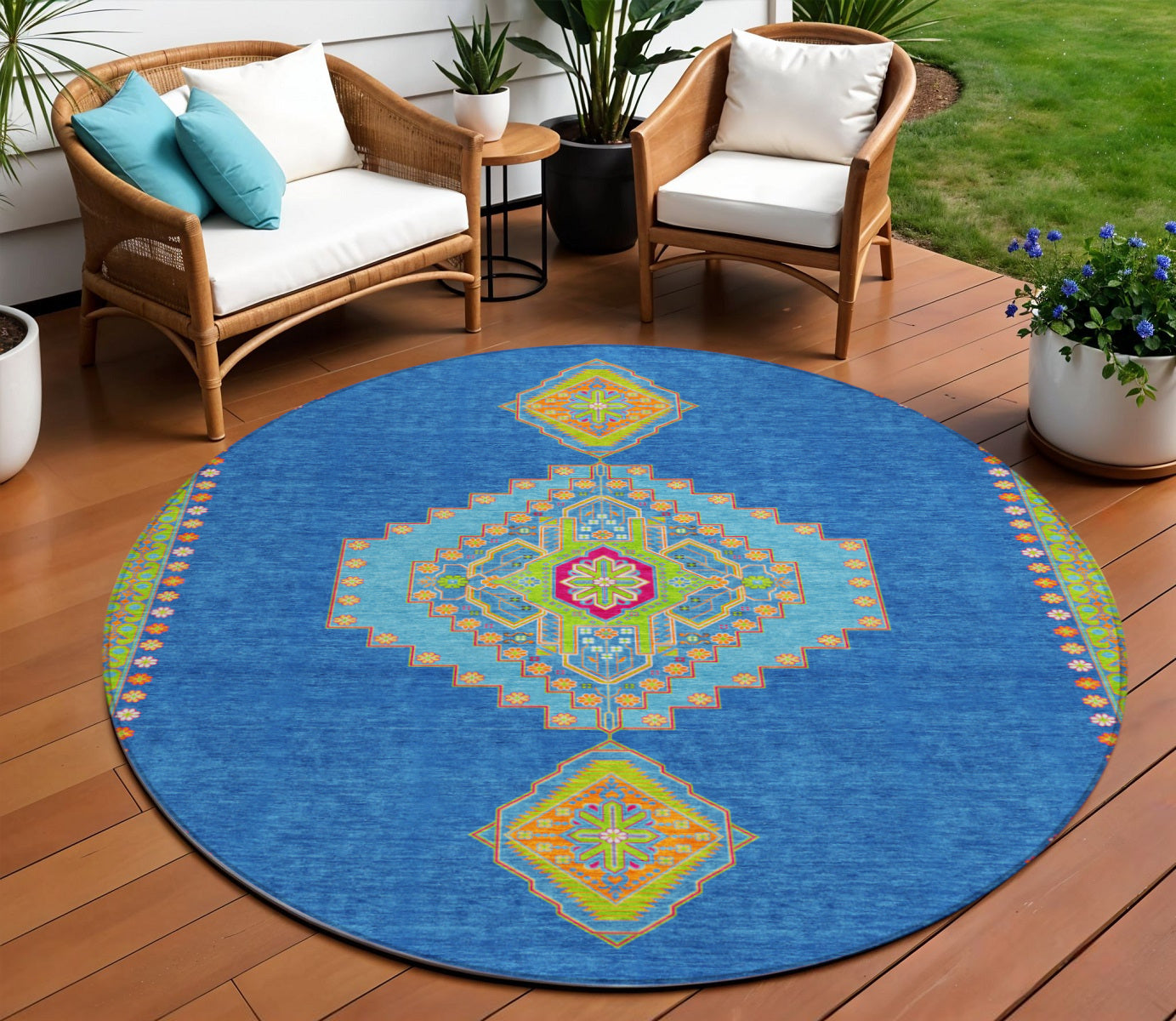 8 Denim Blue Red And Green Round Oriental Washable Indoor Outdoor Area Rug