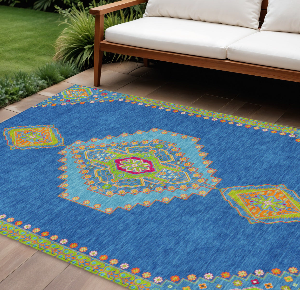 10 X 14 Denim Blue Red And Green Oriental Washable Indoor Outdoor Area Rug