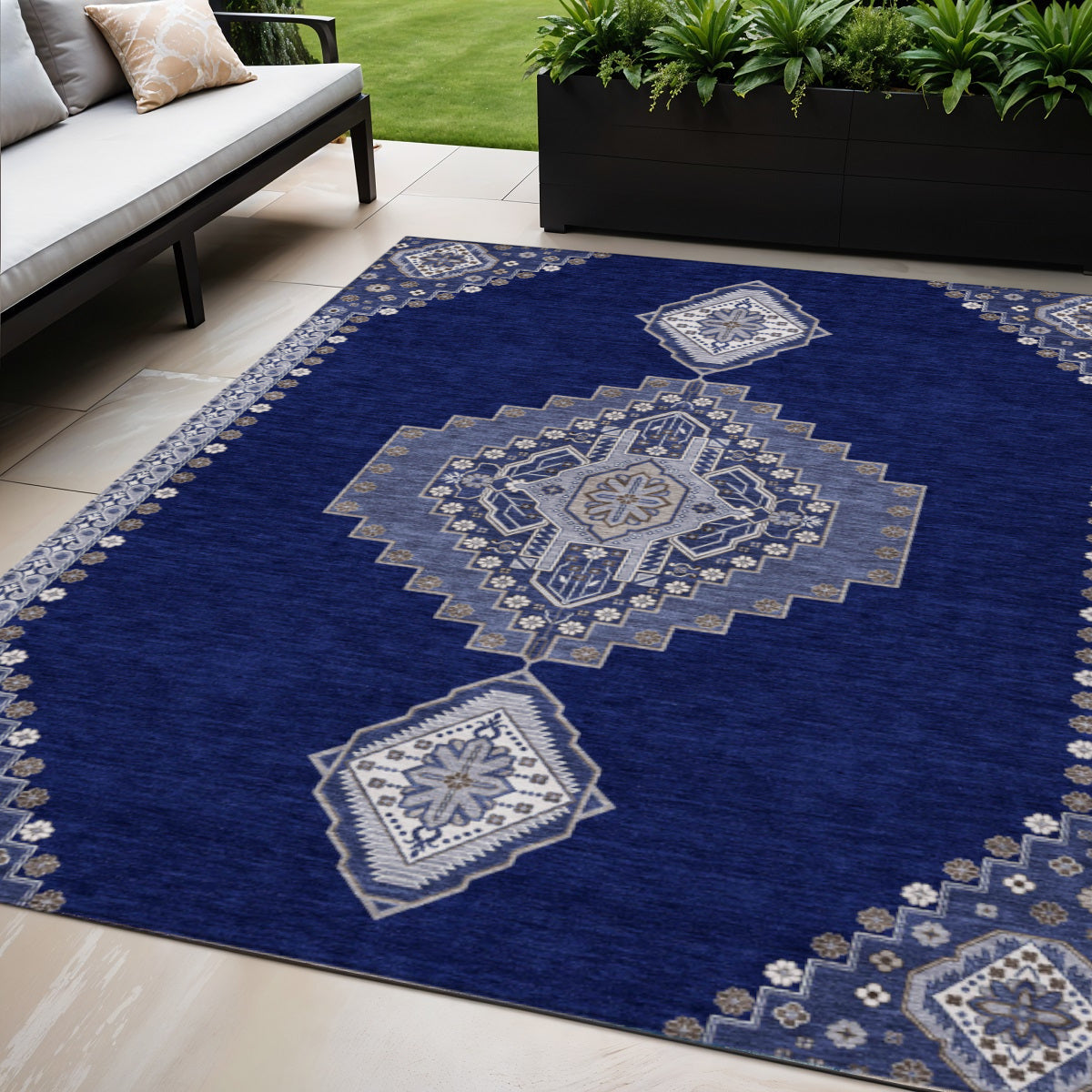 5 X 8 Navy Blue Gray And Brown Oriental Washable Indoor Outdoor Area Rug