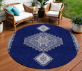 8 Navy Blue Gray And Brown Round Oriental Washable Indoor Outdoor Area Rug