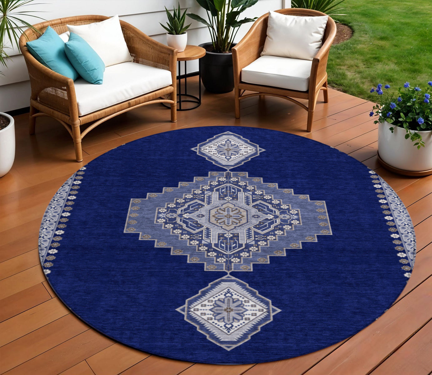 8 Navy Blue Gray And Brown Round Oriental Washable Indoor Outdoor Area Rug