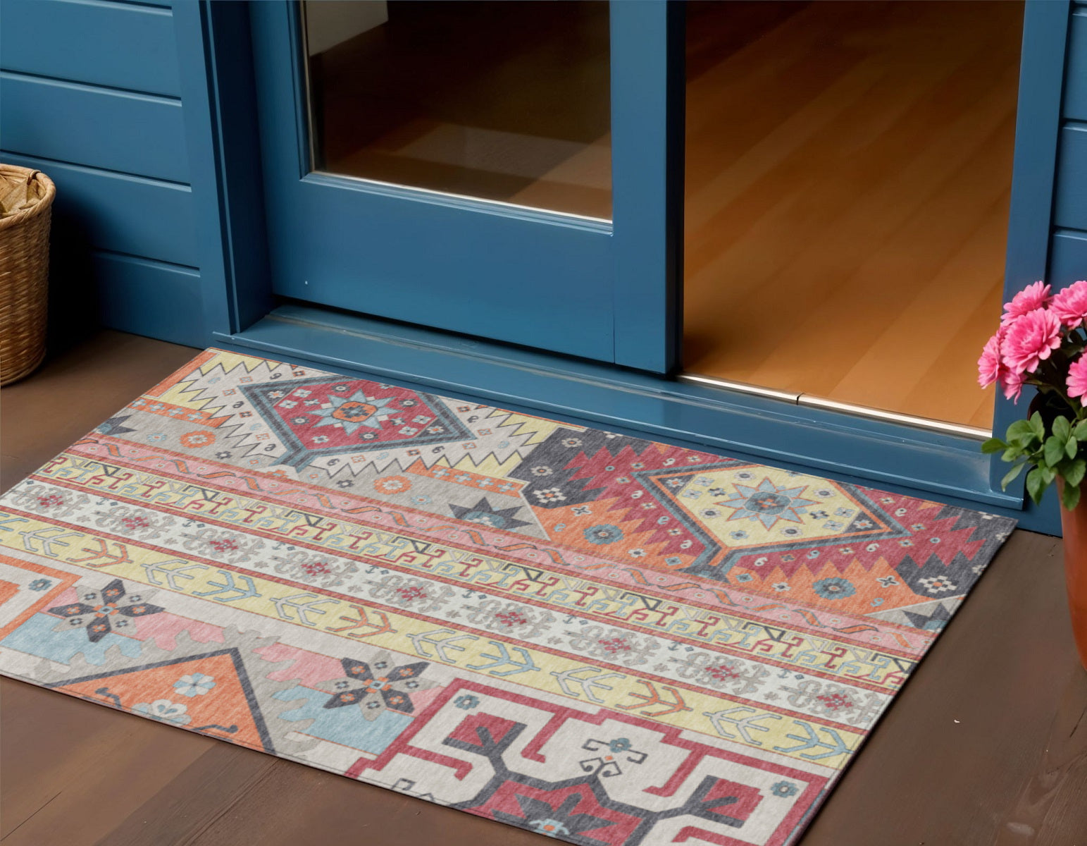 3 X 5 Linen Pink And Yellow Aztec Washable Indoor Outdoor Area Rug