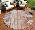 8 Linen Pink And Yellow Round Aztec Washable Indoor Outdoor Area Rug