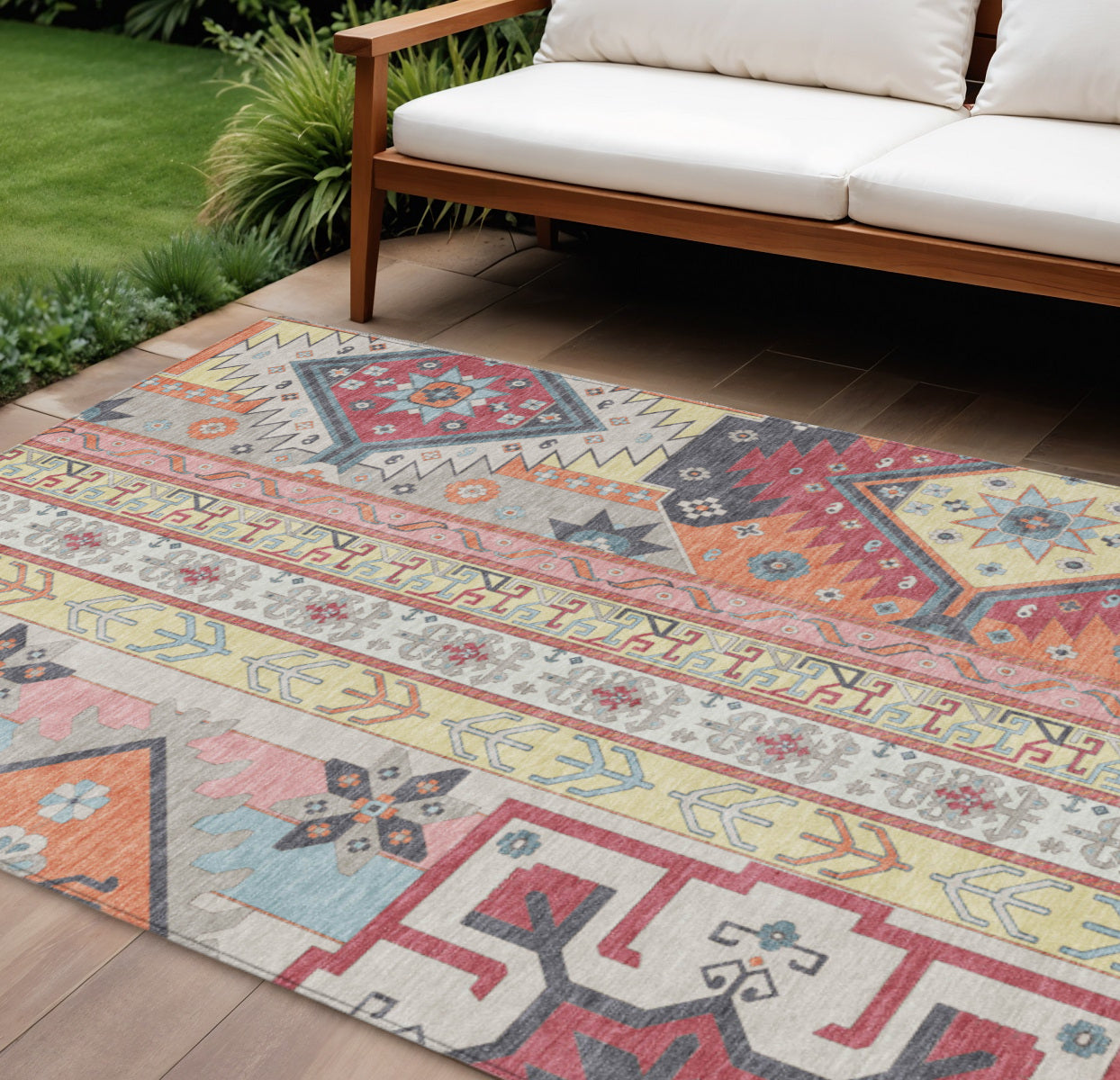 9 X 12 Linen Pink And Yellow Aztec Washable Indoor Outdoor Area Rug