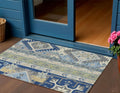 3 X 5 Navy Blue Green And Gray Aztec Washable Indoor Outdoor Area Rug