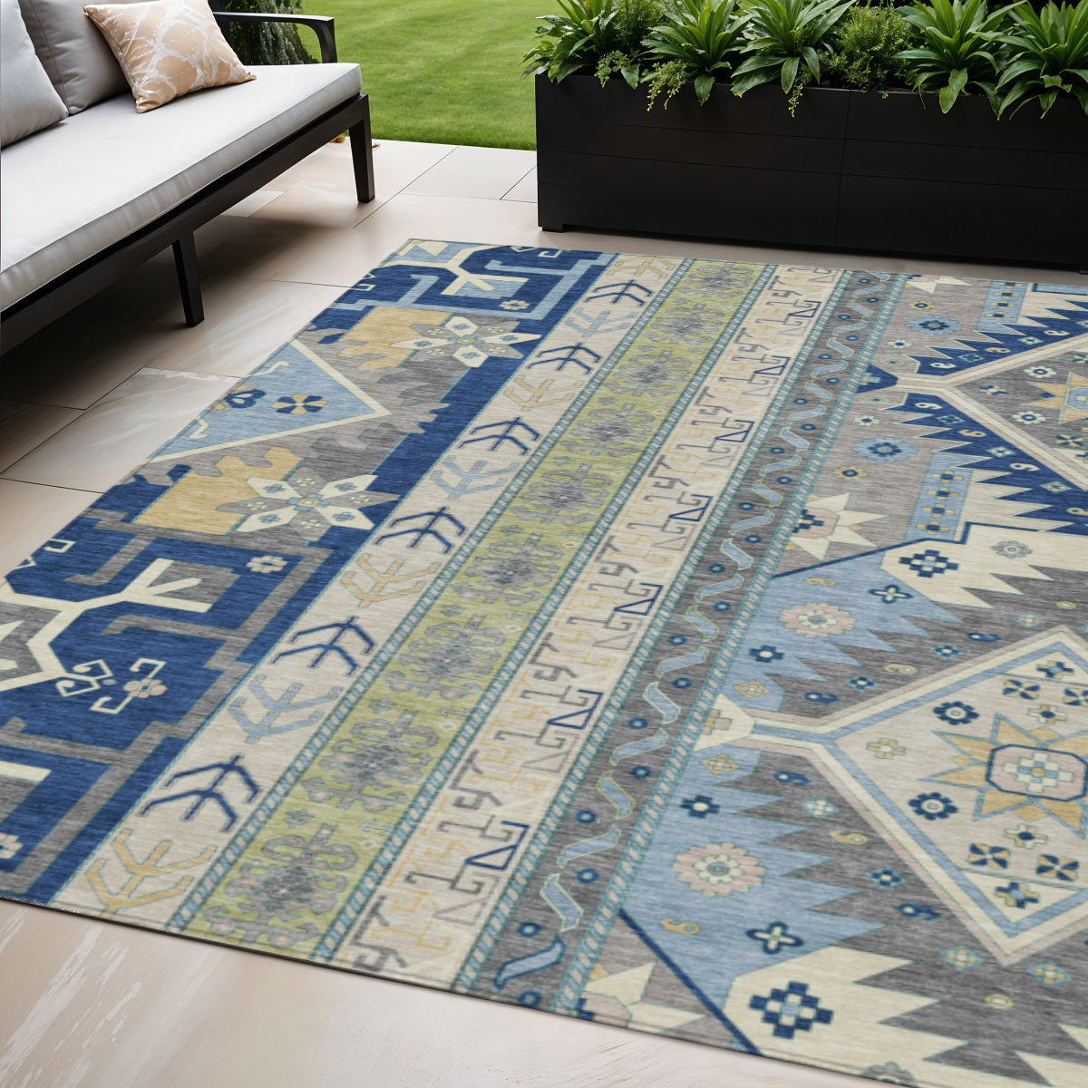 5 X 8 Navy Blue Green And Gray Aztec Washable Indoor Outdoor Area Rug