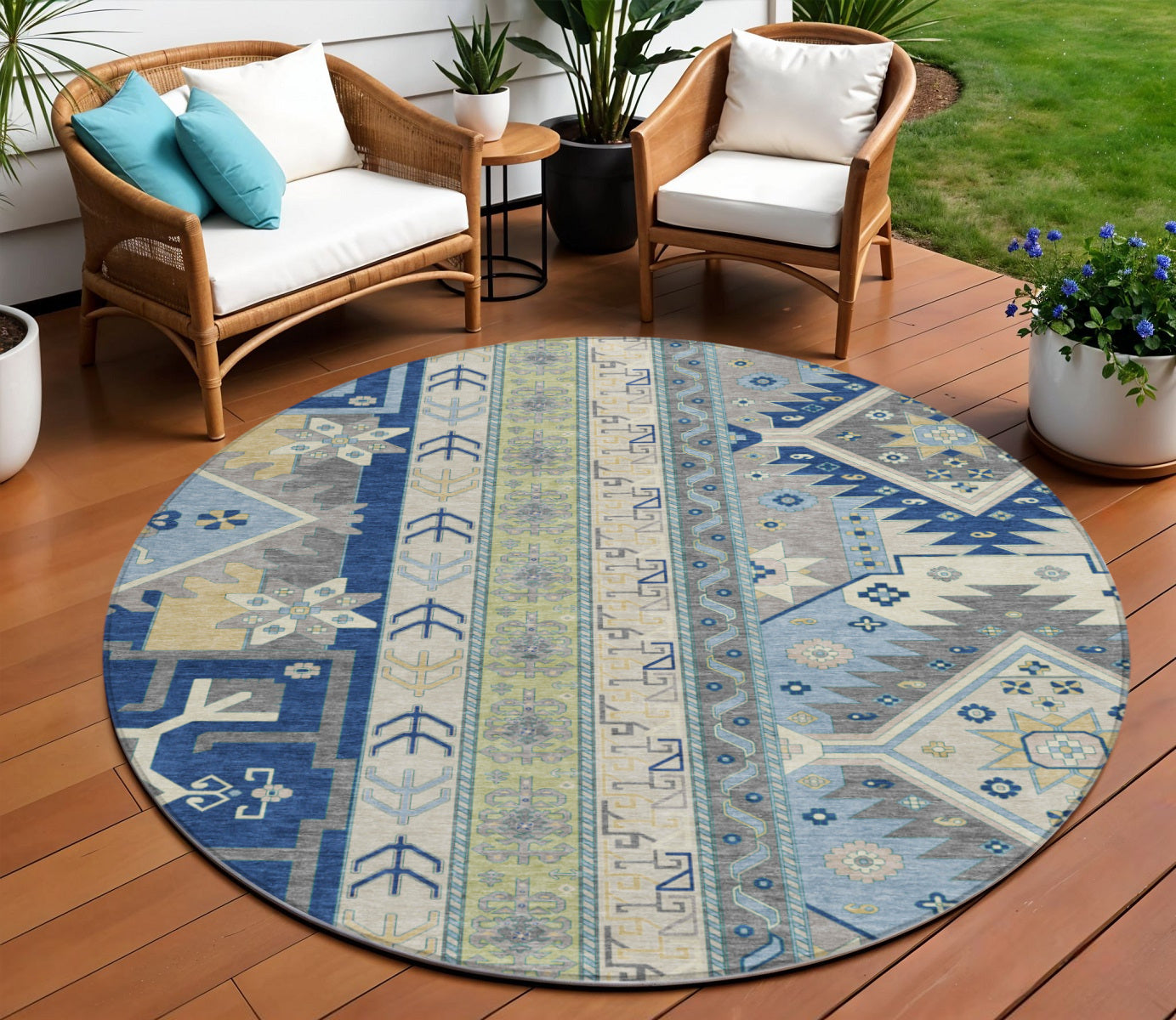 8 Navy Blue Green And Gray Round Aztec Washable Indoor Outdoor Area Rug