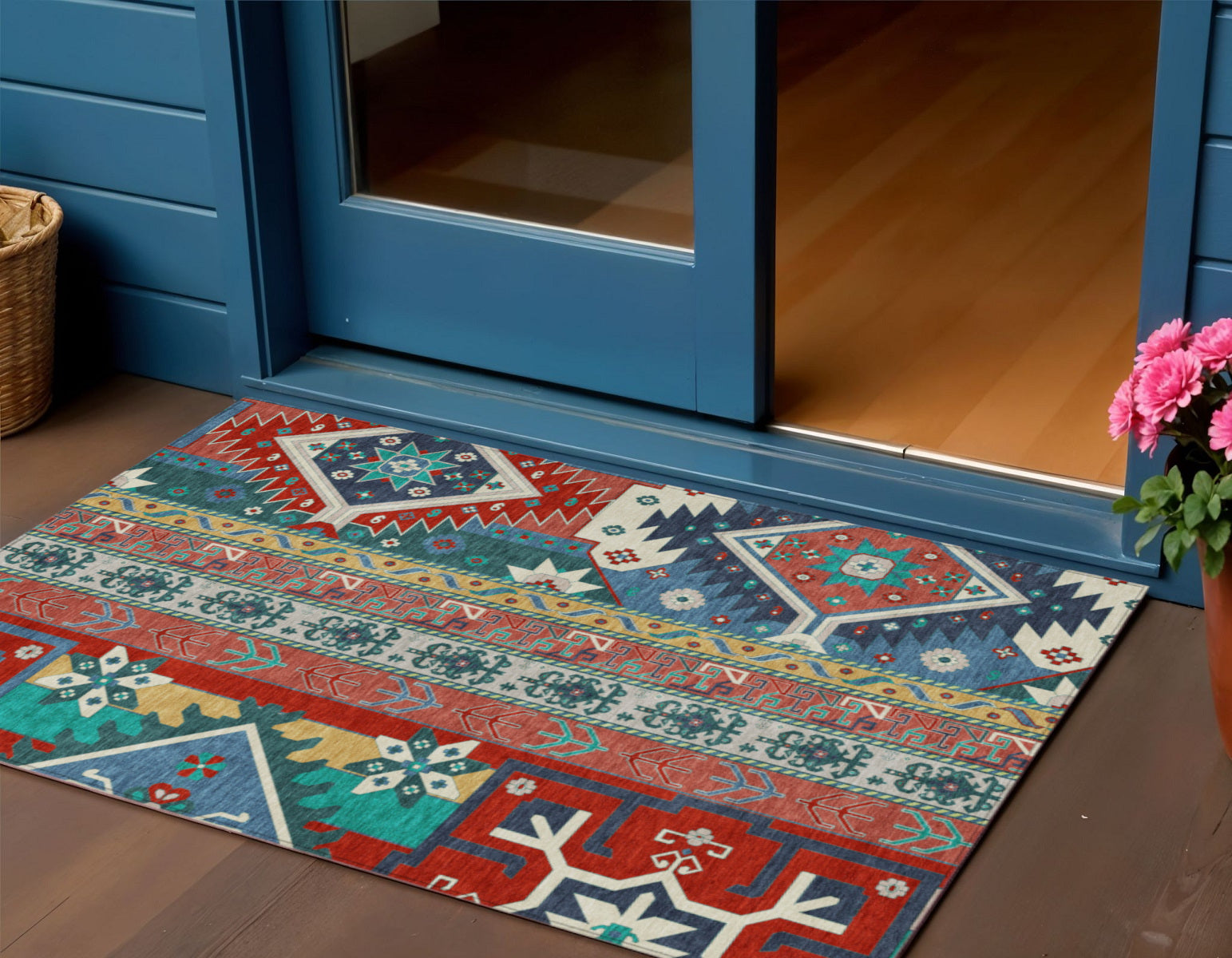 3 X 5 Red Pink And Teal Blue Aztec Washable Indoor Outdoor Area Rug