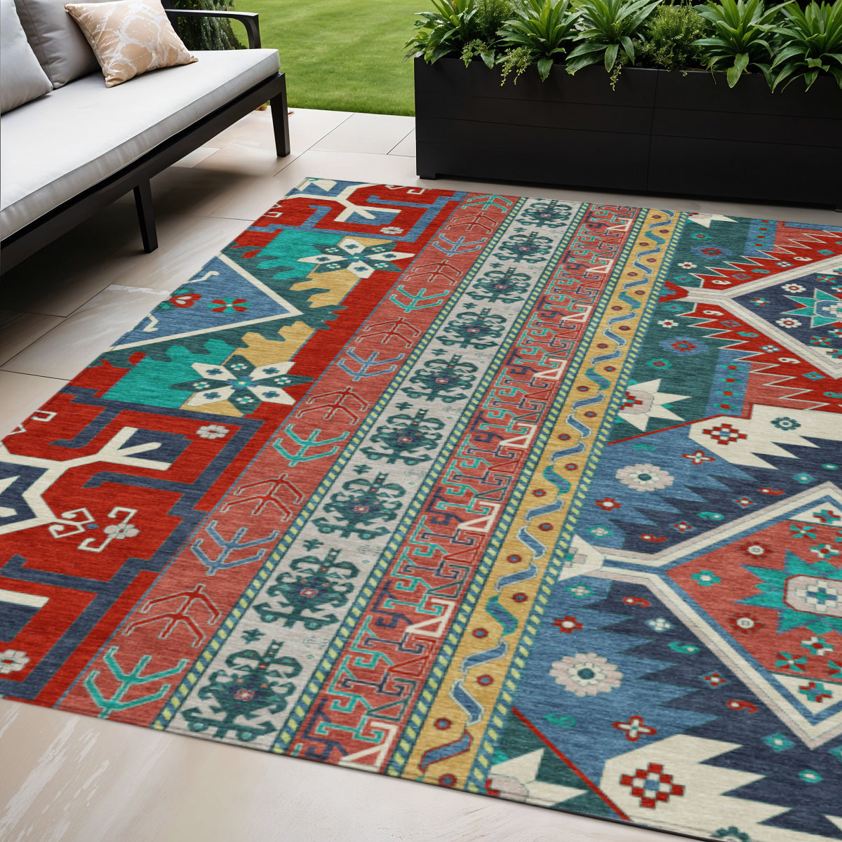 5 X 8 Red Pink And Teal Blue Aztec Washable Indoor Outdoor Area Rug