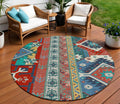 8 Red Pink And Teal Blue Round Aztec Washable Indoor Outdoor Area Rug