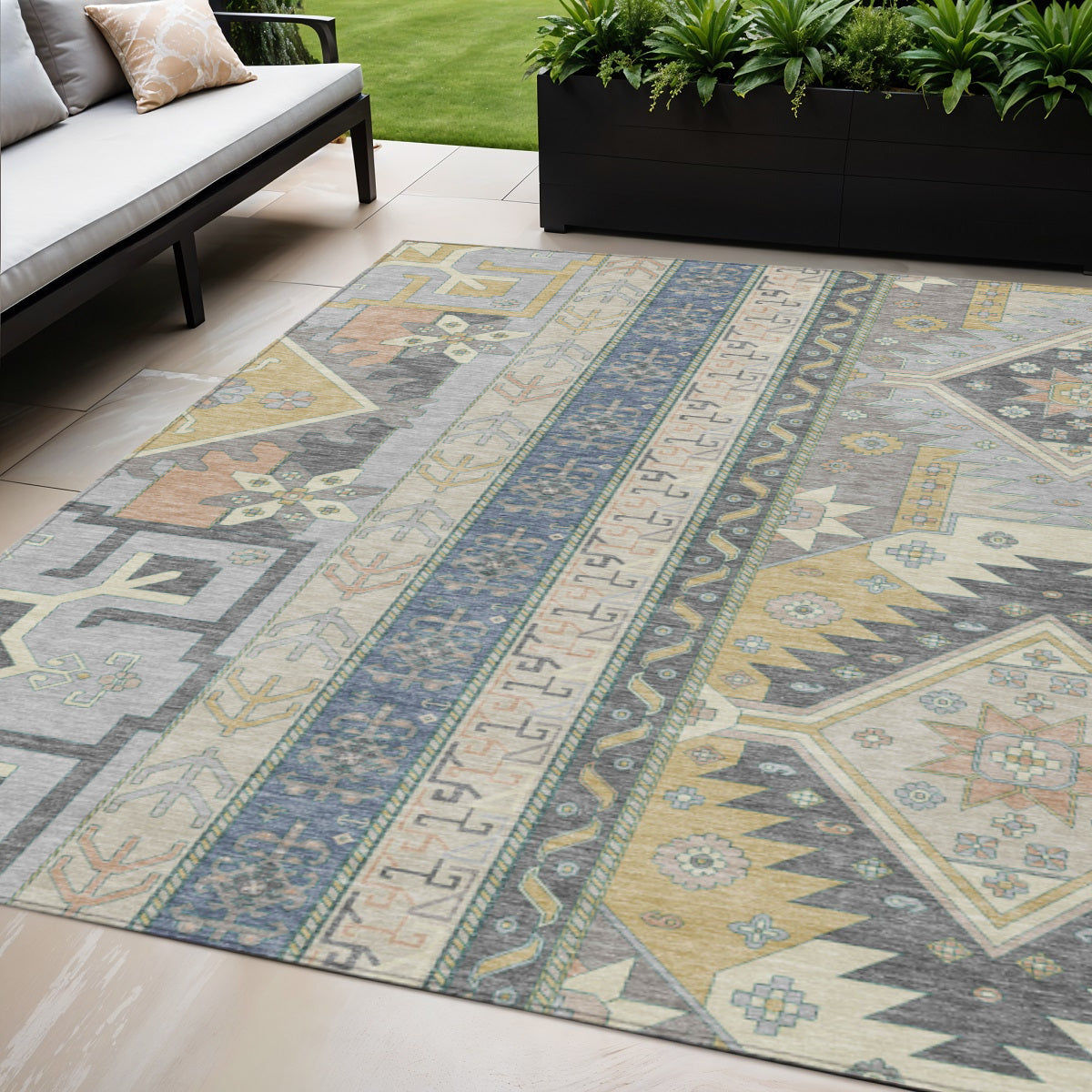 5 X 8 Silver Beige And Gold Aztec Washable Indoor Outdoor Area Rug