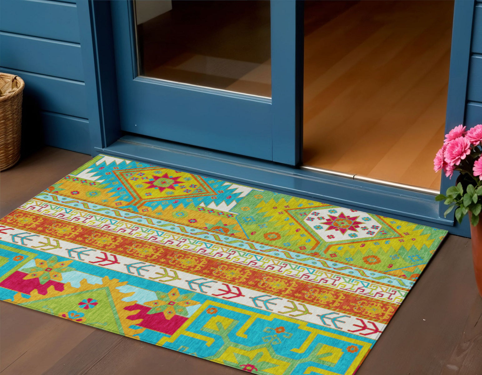 3 X 5 Teal Blue Green And Pink Aztec Washable Indoor Outdoor Area Rug