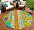 8 Teal Blue Green And Pink Round Aztec Washable Indoor Outdoor Area Rug