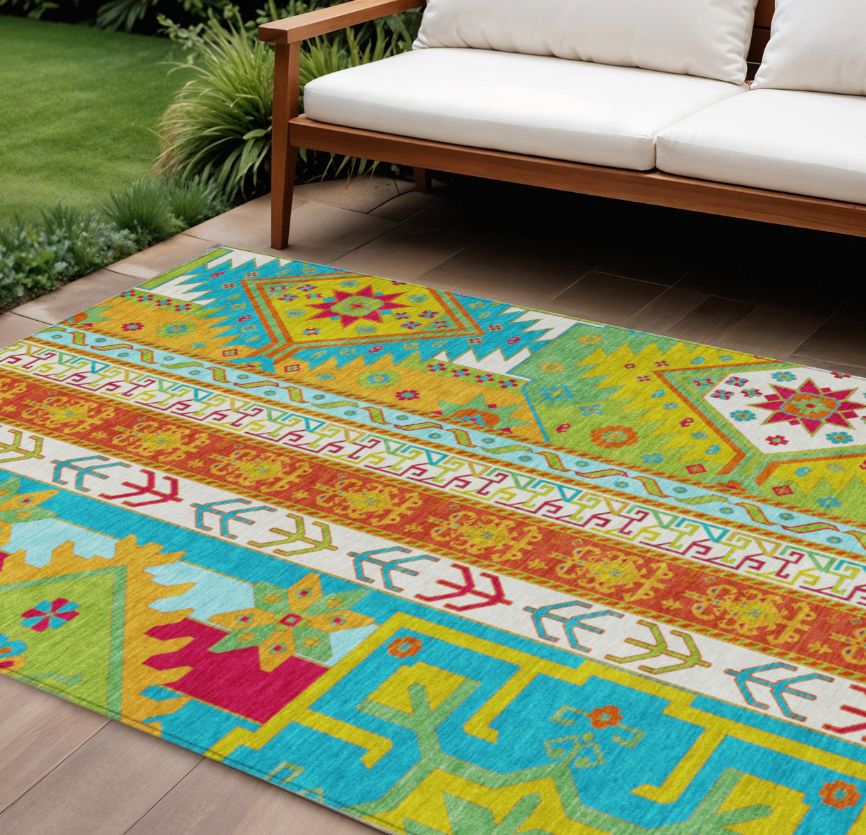 10 X 14 Teal Blue Green And Pink Aztec Washable Indoor Outdoor Area Rug