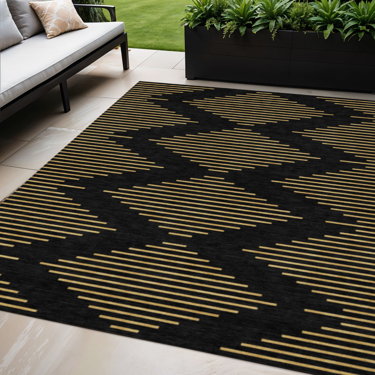 5 X 8 Black And Beige Geometric Washable Indoor Outdoor Area Rug