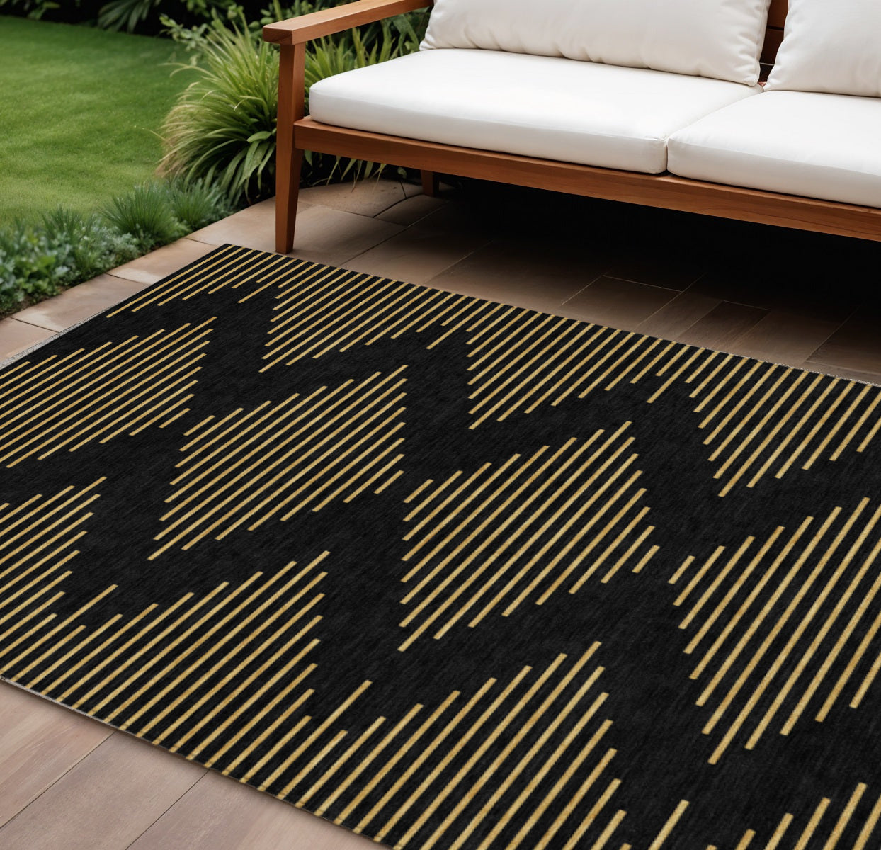 9 X 12 Black And Beige Geometric Washable Indoor Outdoor Area Rug