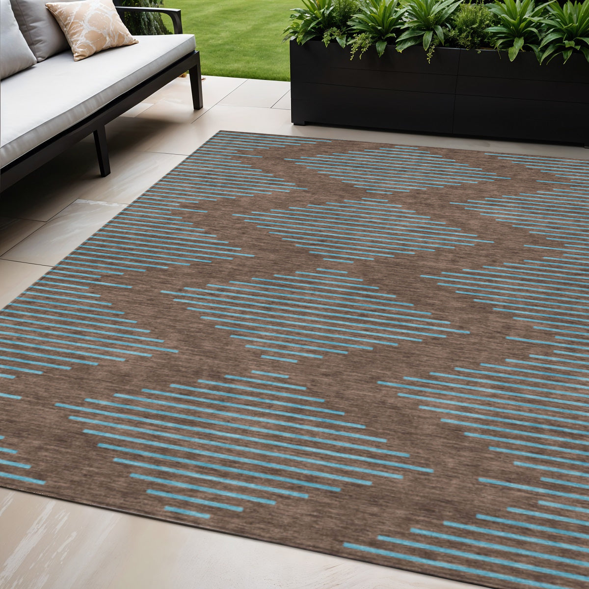 5 X 8 Brown And Aqua Geometric Washable Indoor Outdoor Area Rug