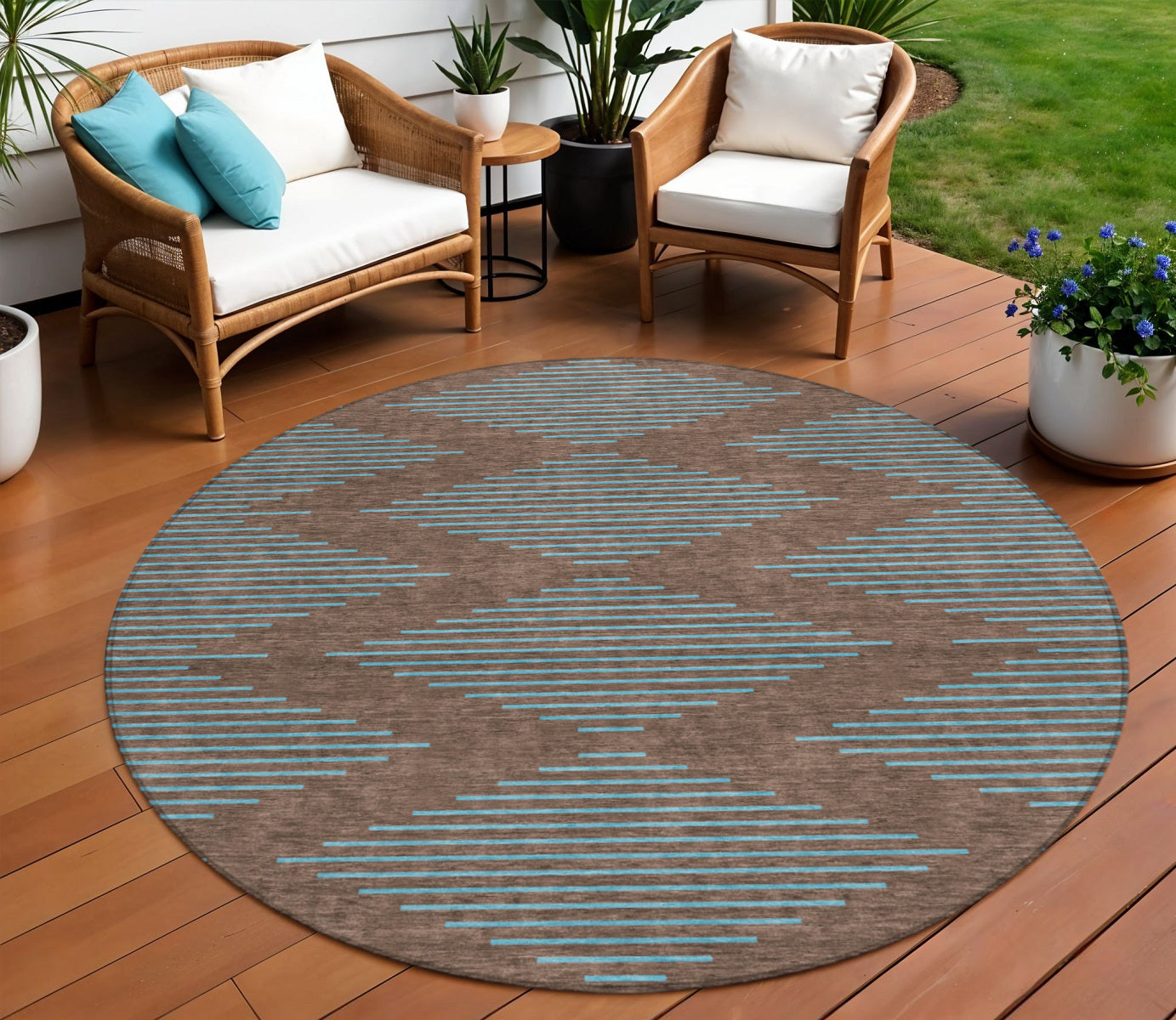 8 Brown And Aqua Round Geometric Washable Indoor Outdoor Area Rug