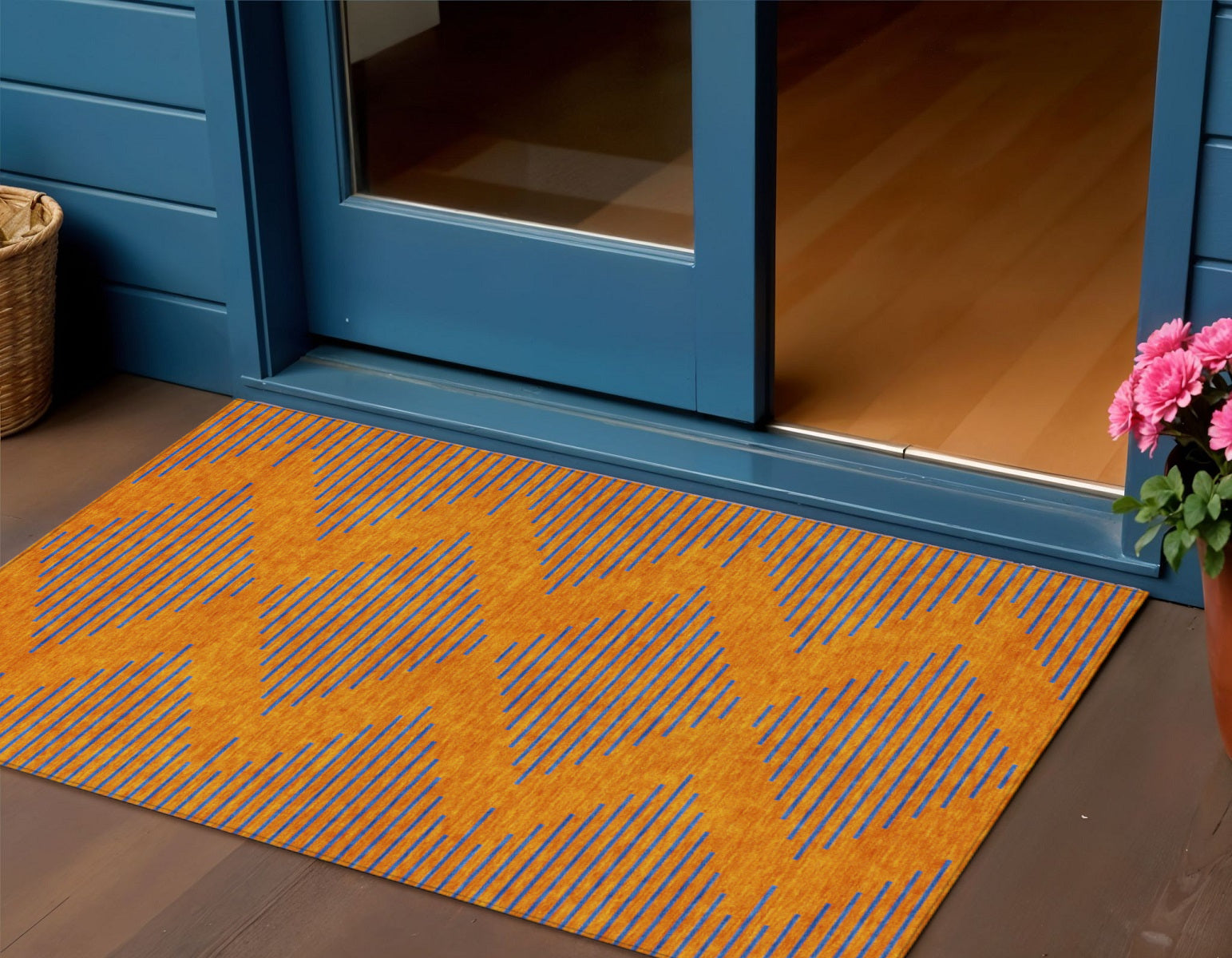 3 X 5 Orange And Blue Geometric Washable Indoor Outdoor Area Rug
