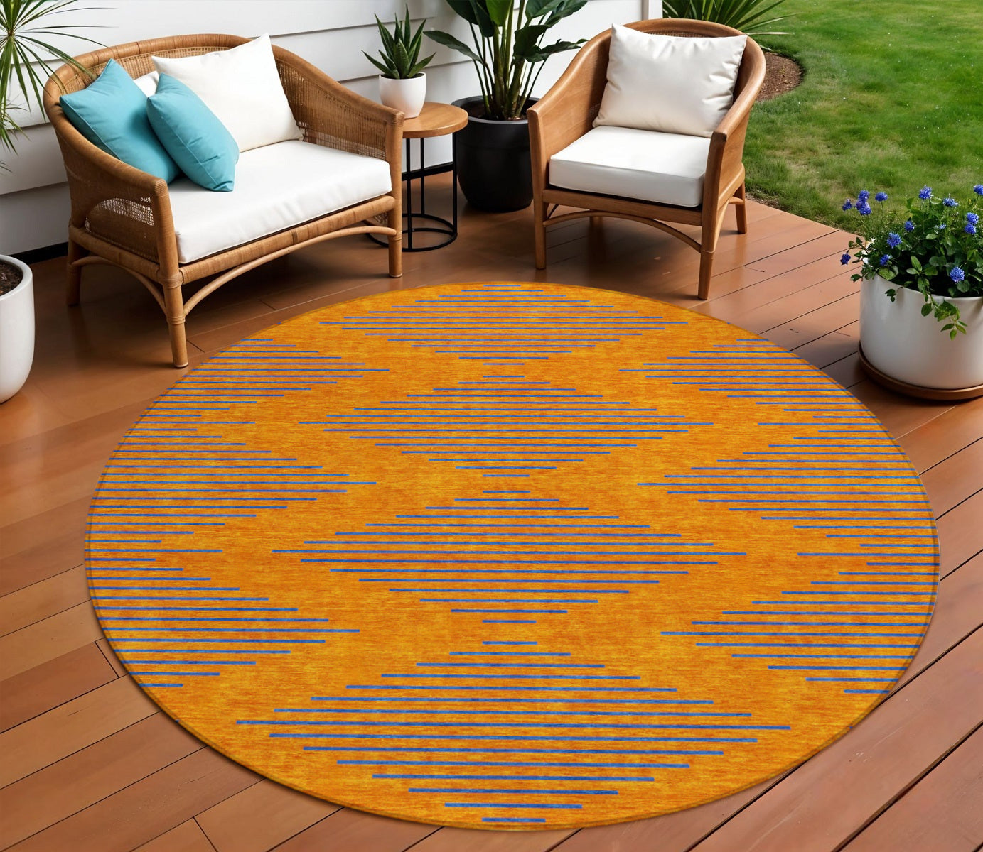 8 Orange And Blue Round Geometric Washable Indoor Outdoor Area Rug