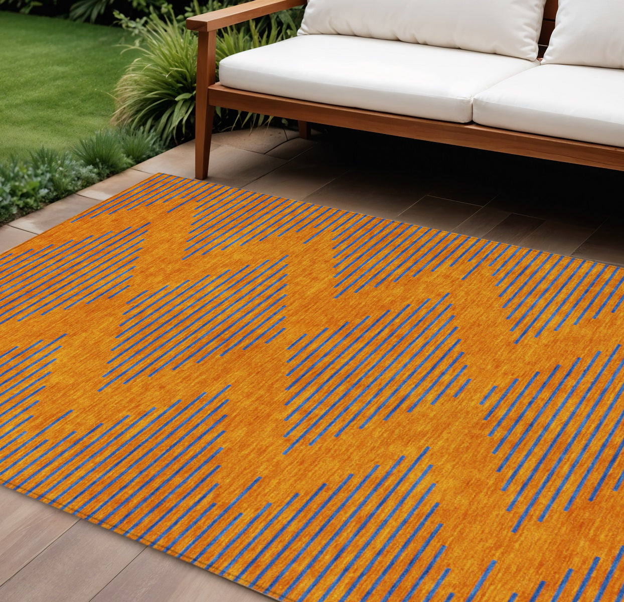 10 X 14 Orange And Blue Geometric Washable Indoor Outdoor Area Rug