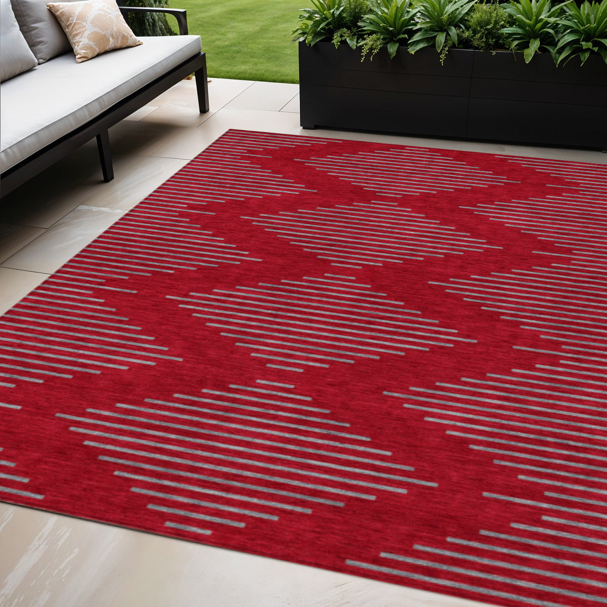 5 X 8 Red And Gray Geometric Washable Indoor Outdoor Area Rug