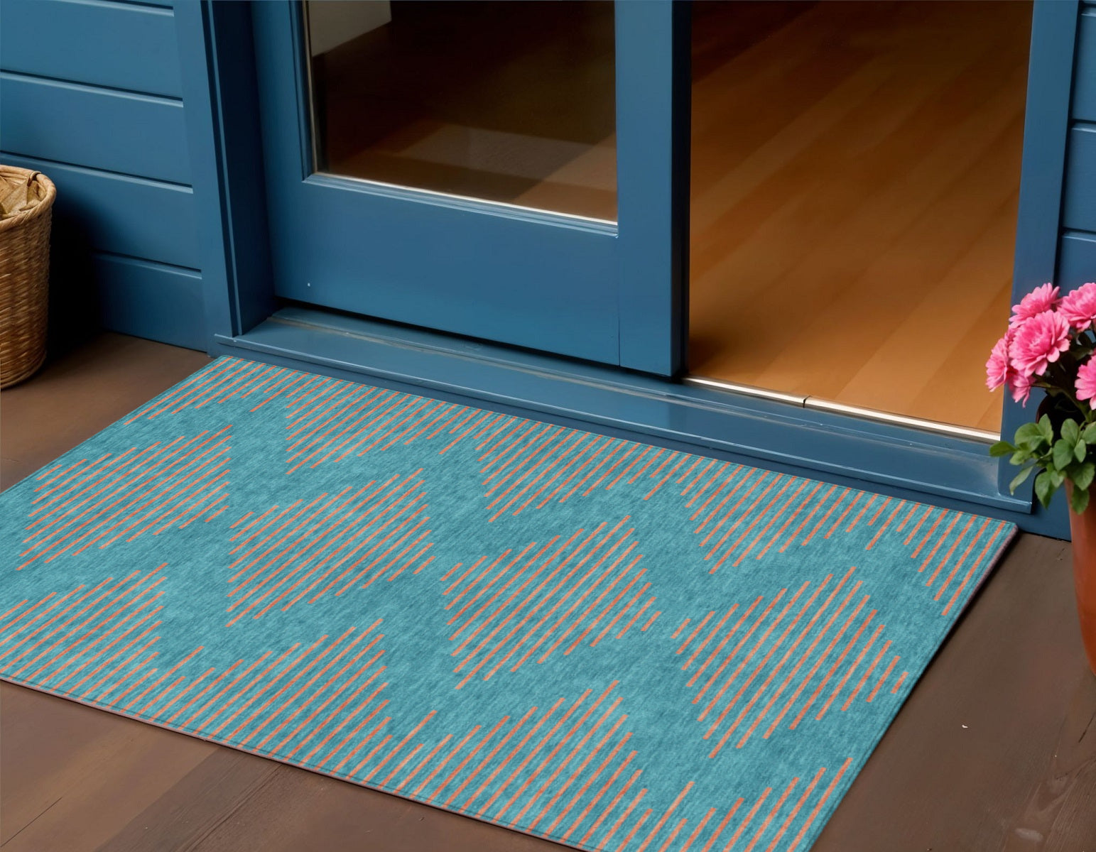 3 X 5 Teal Blue And Pink Geometric Washable Indoor Outdoor Area Rug