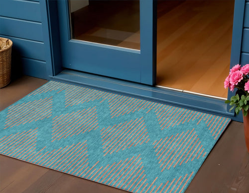 3 X 5 Teal Blue And Pink Geometric Washable Indoor Outdoor Area Rug