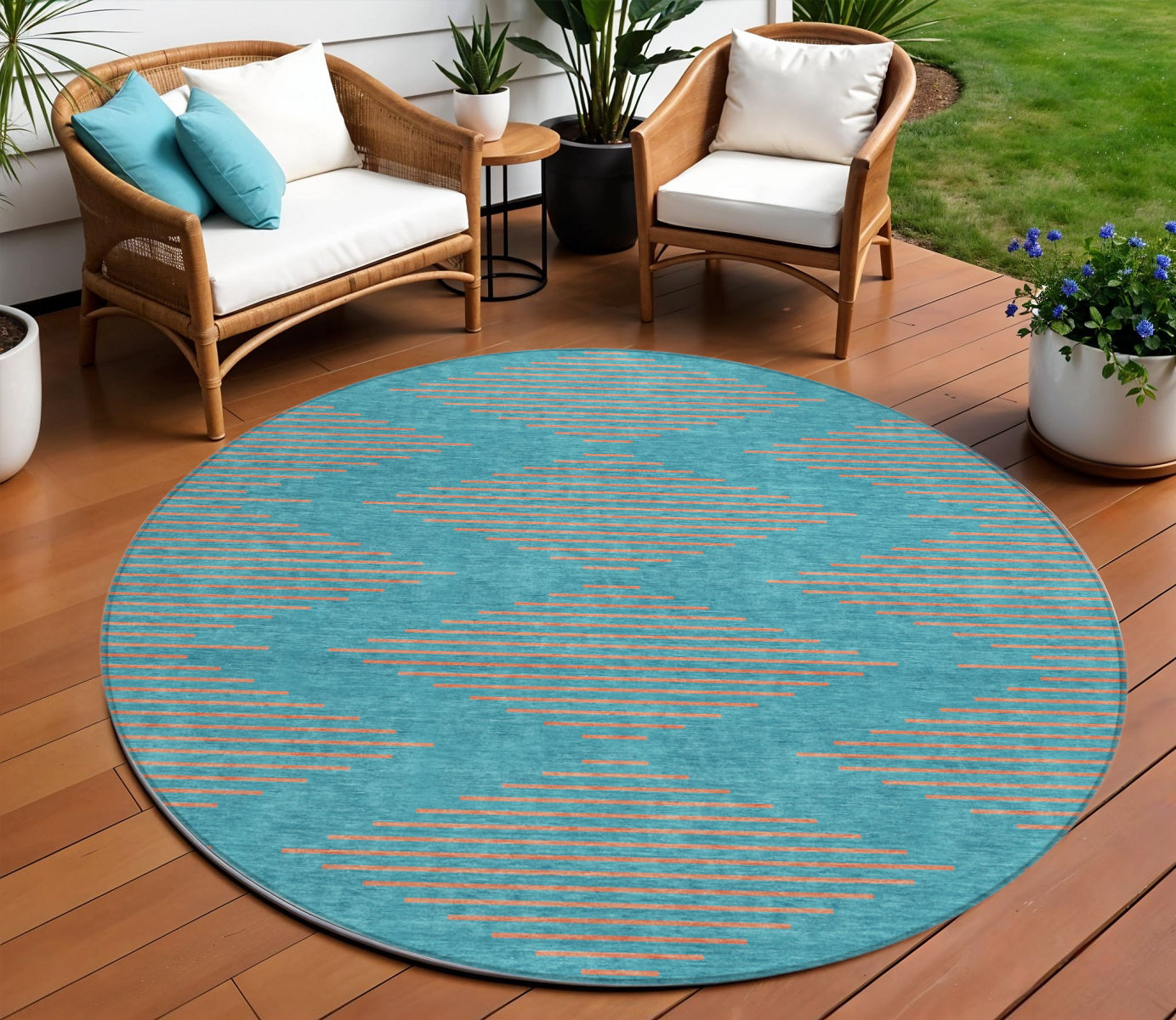 8 Teal Blue And Pink Round Geometric Washable Indoor Outdoor Area Rug