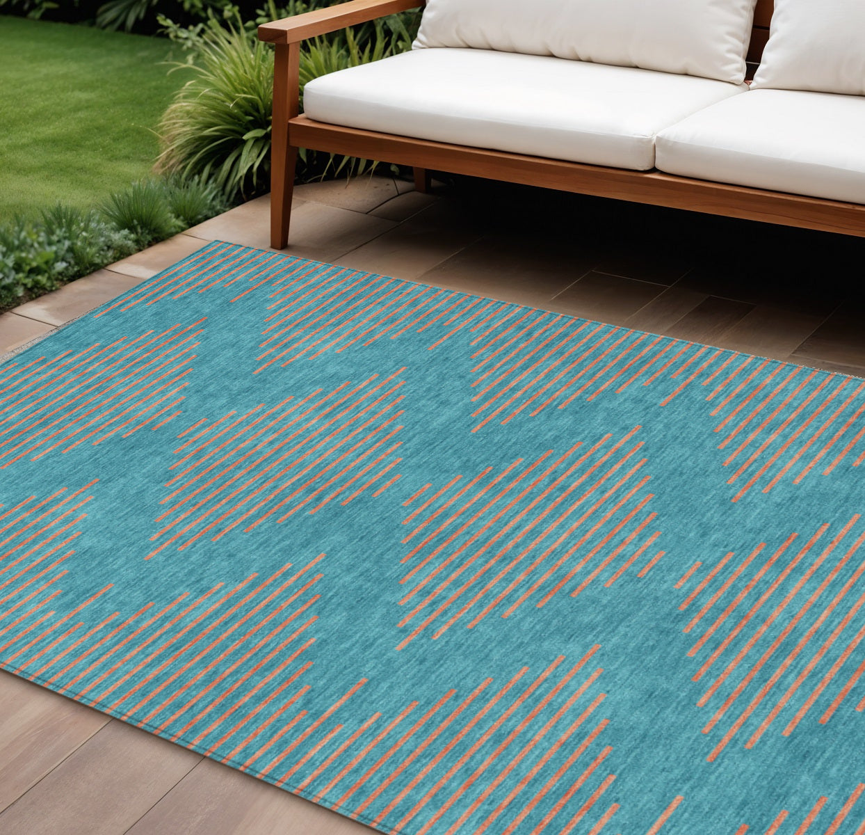 10 X 14 Teal Blue And Pink Geometric Washable Indoor Outdoor Area Rug