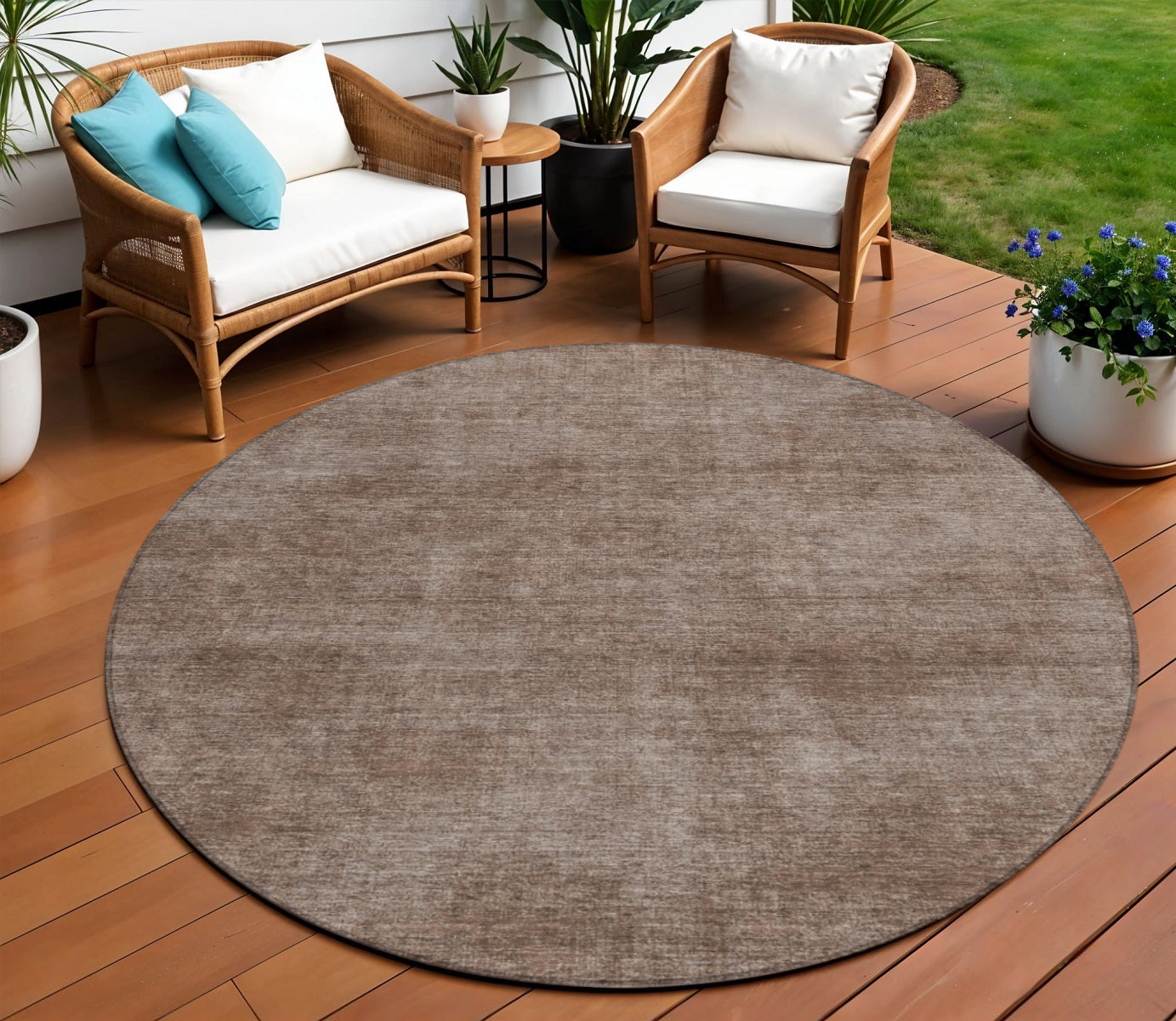8 Brown Round Washable Indoor Outdoor Area Rug