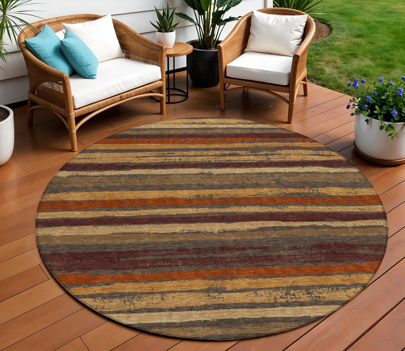 8 Chocolate Beige And Copper Round Striped Washable Indoor Outdoor Area Rug