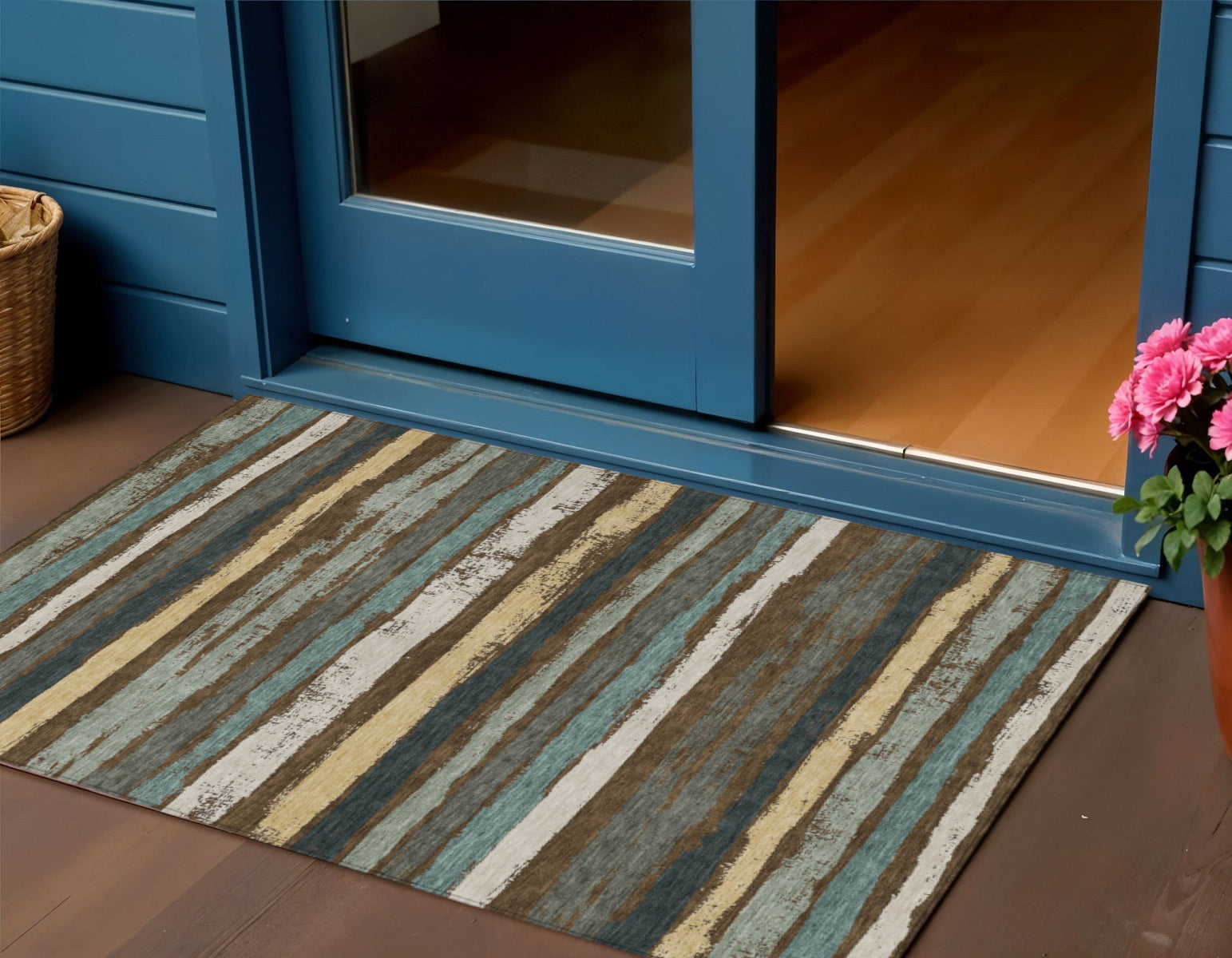 3 X 5 Brown Beige And Green Striped Washable Indoor Outdoor Area Rug