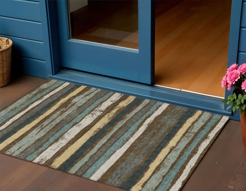3 X 5 Brown Beige And Green Striped Washable Indoor Outdoor Area Rug