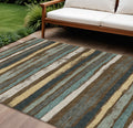 10 X 14 Brown Beige And Green Striped Washable Indoor Outdoor Area Rug