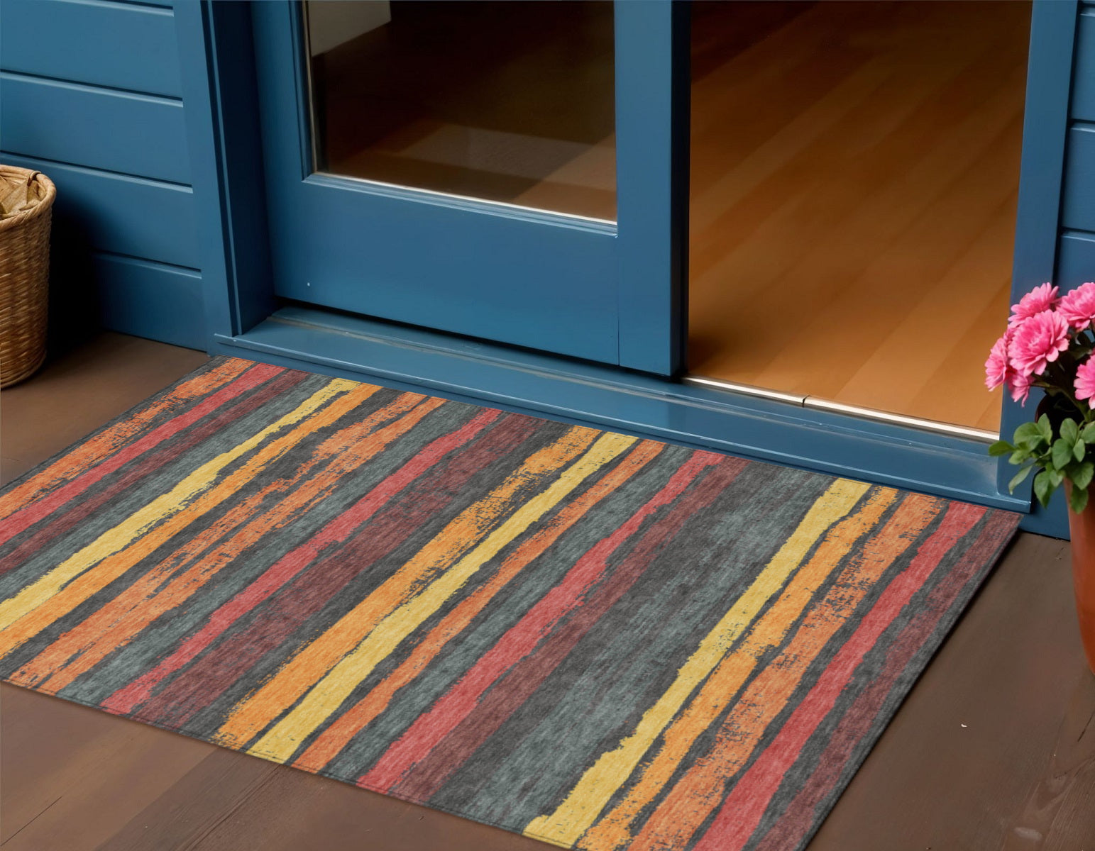3 X 5 Granite Gray Copper And Yellow Striped Washable Indoor Outdoor Area Rug