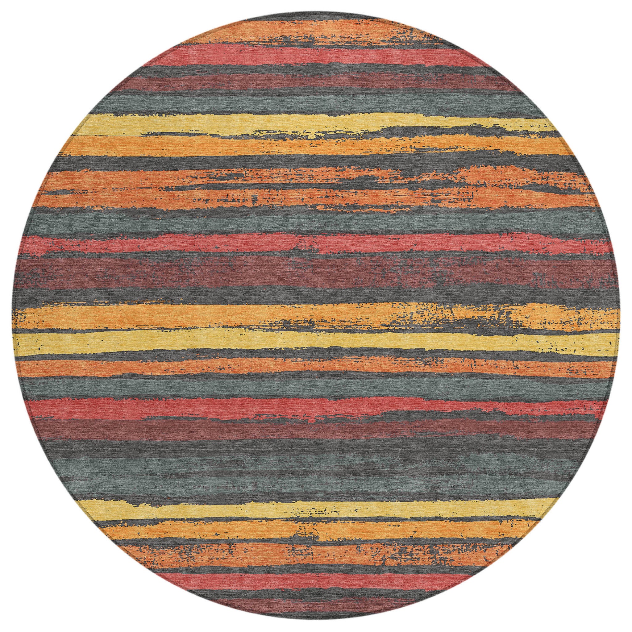 8 Granite Gray Copper And Yellow Round Striped Washable Indoor Outdoor Area Rug