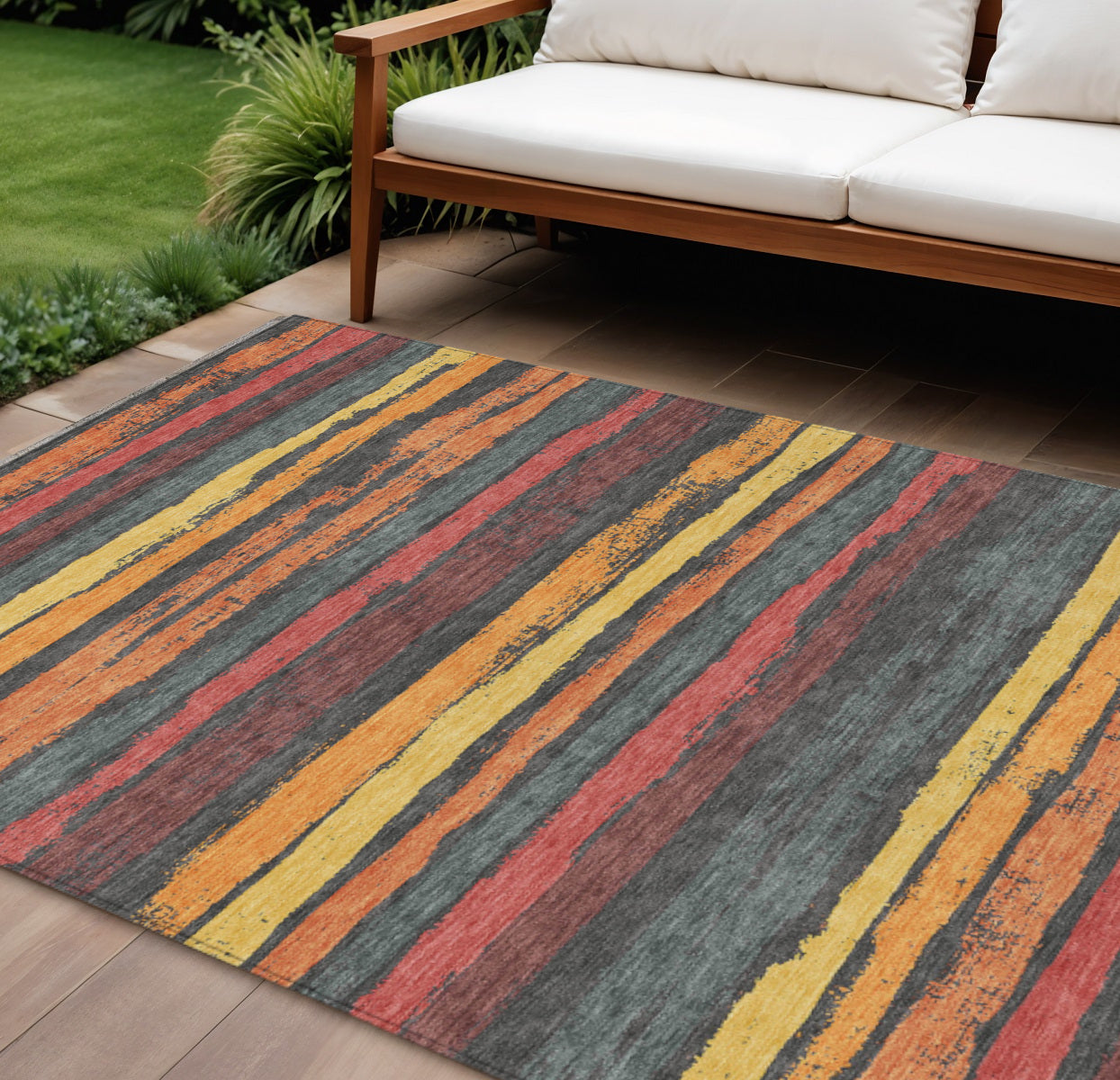 9 X 12 Granite Gray Copper And Yellow Striped Washable Indoor Outdoor Area Rug