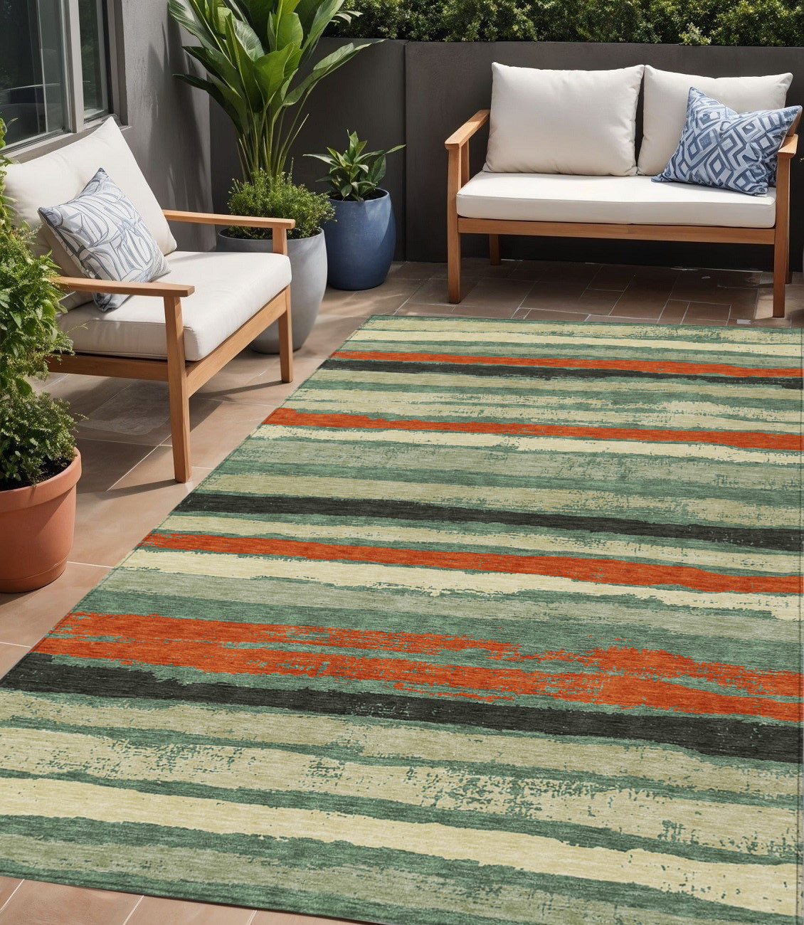 5 X 8 Sage Black And Red Striped Washable Indoor Outdoor Area Rug