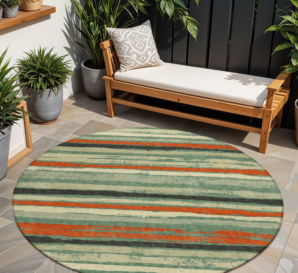 8 Sage Black And Red Round Striped Washable Indoor Outdoor Area Rug