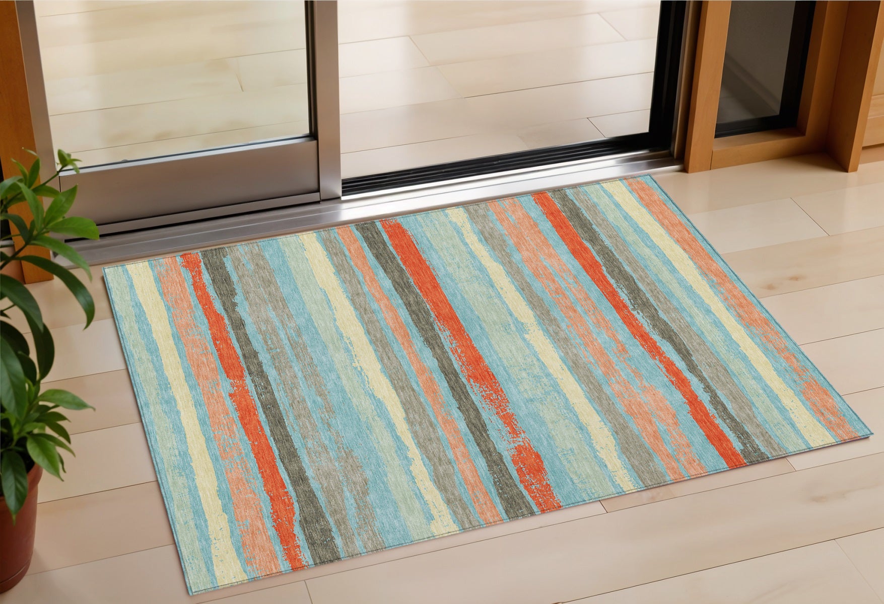 3 X 5 Sky Blue Pink And Gray Striped Washable Indoor Outdoor Area Rug